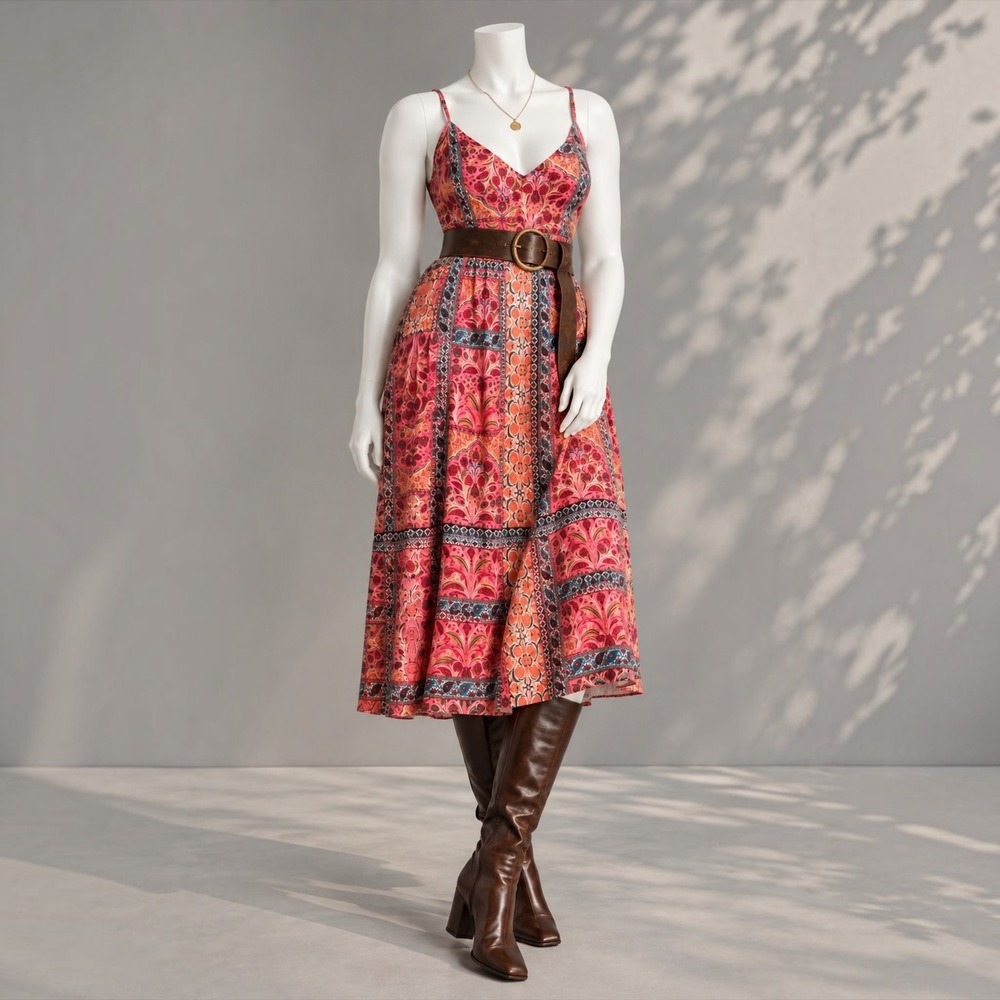 Old Navy Cami Midi Dress 2X Pink Paisley Floral Smocked Boho Cotton Sundress